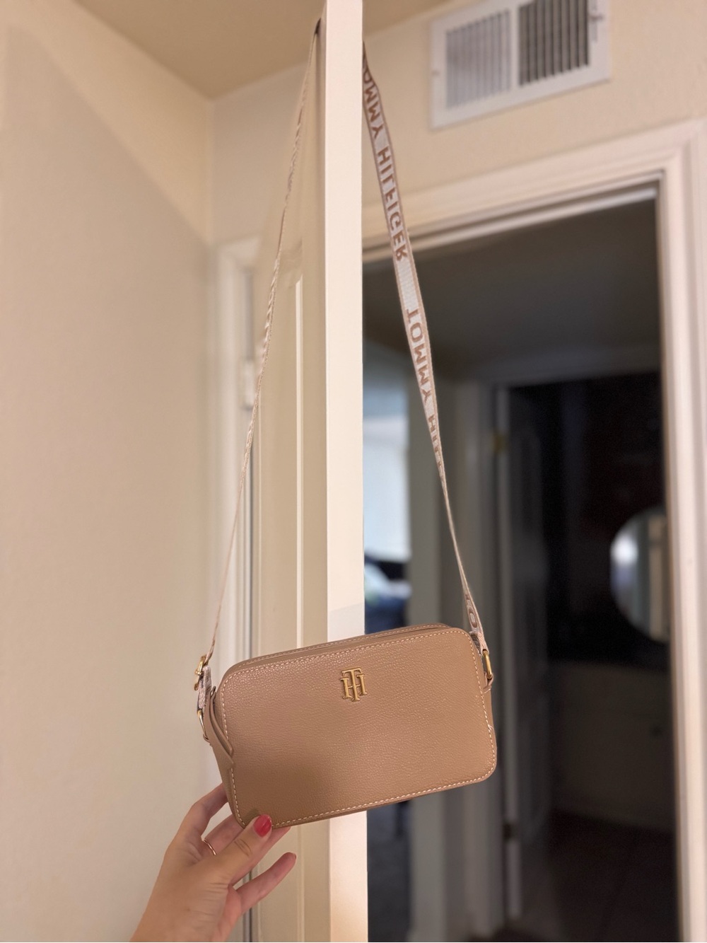 Tommy Hilfiger Tan Beige Crossbody Camera Bag with Logo Strap
